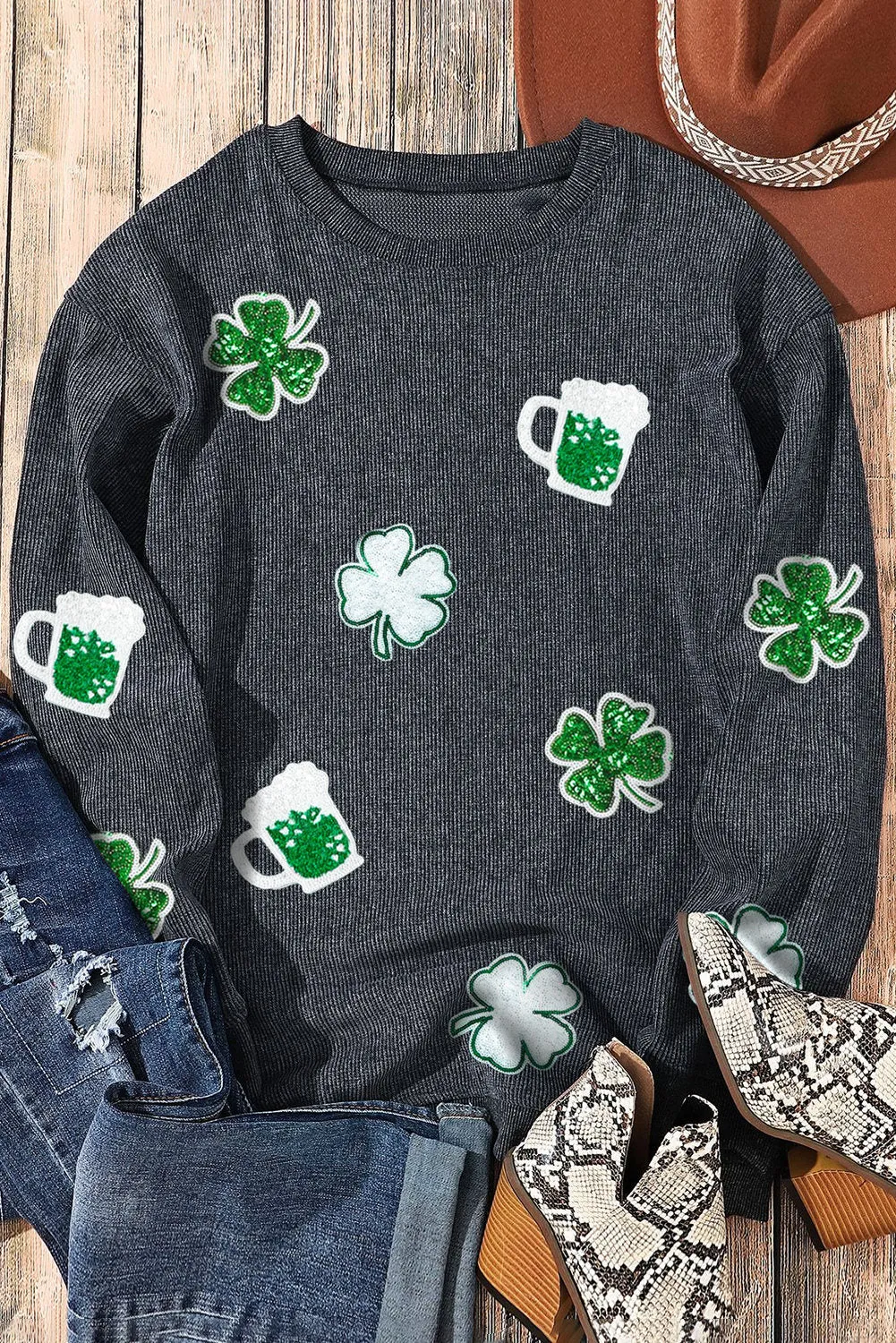 Women's Sequined Clover St Patrick Graphic Corded Sweatshirt