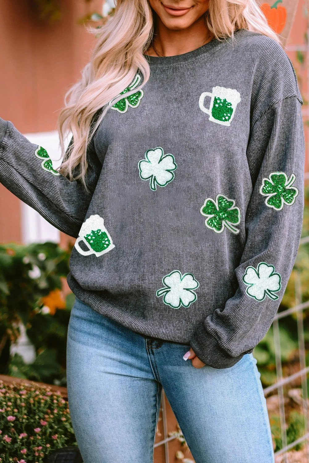 Women's Sequined Clover St Patrick Graphic Corded Sweatshirt