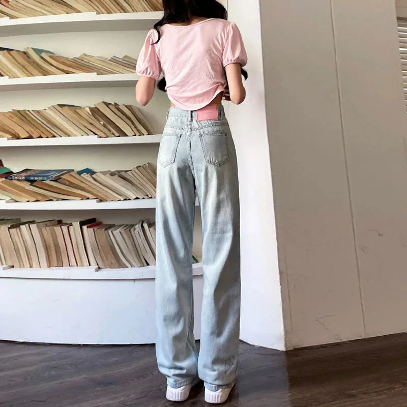 Women's Summer Design Sense Pink Label High Waist Loose Casual Trailing Straight Long Jeans