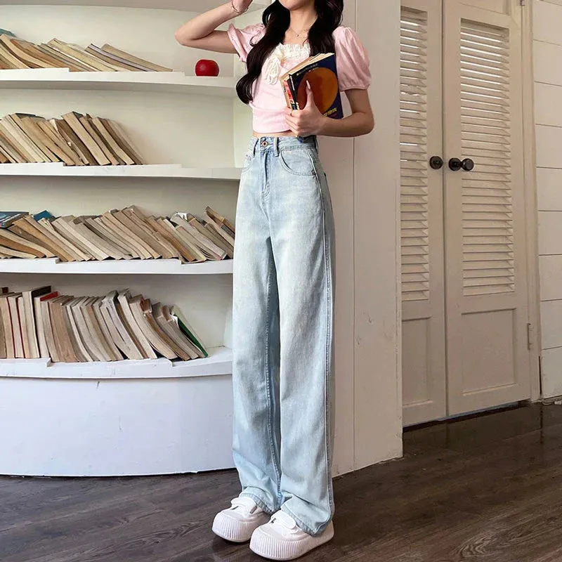 Women's Summer Design Sense Pink Label High Waist Loose Casual Trailing Straight Long Jeans