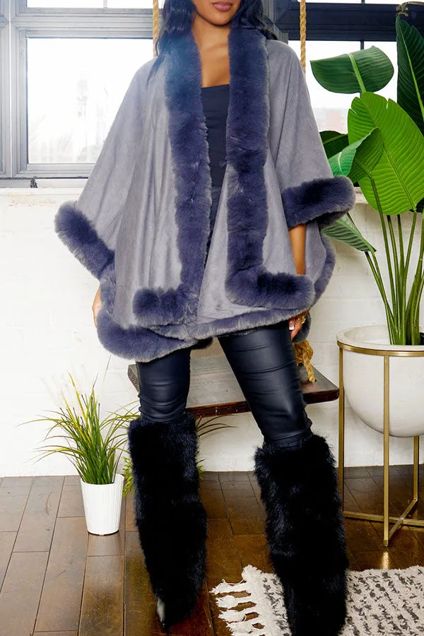 xiangtuibao Solid Color Faux Fur Patchwork Elegant Cape Coat